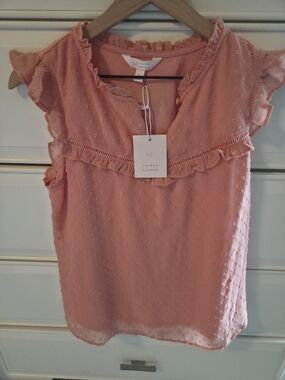 LC Lauren Conrad Coral Pink Ruffle-Trim Sleeveless Swiss Dot Top